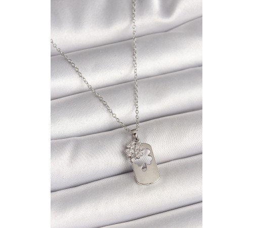 316L Çelik Gümüş Renk Zincir Zirkon Taşlı Yonca Model Kadın Kolye