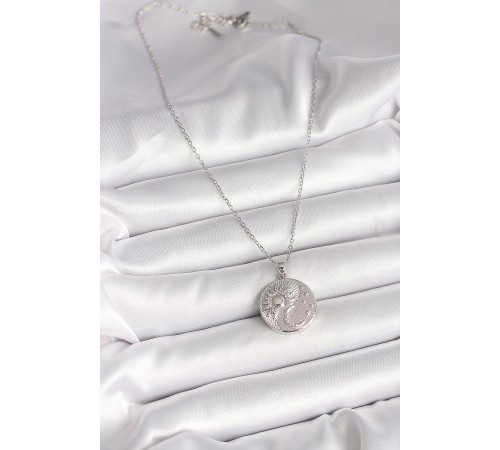 316L Çelik Gümüş Renk Zincir Zirkon Taşlı Ay Güneş İşlemeli Madalyon Model Kadın Kolye