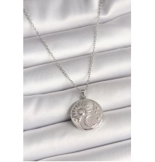 316L Çelik Gümüş Renk Zincir Zirkon Taşlı Ay Güneş İşlemeli Madalyon Model Kadın Kolye