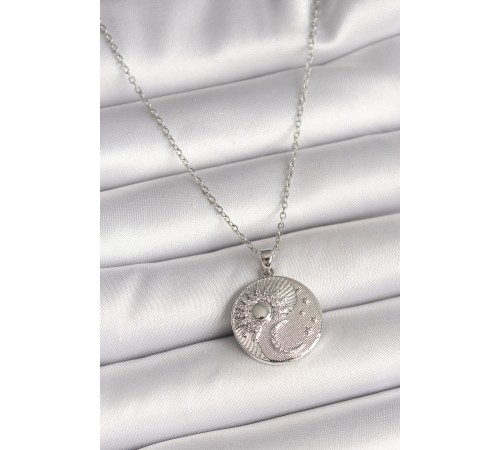 316L Çelik Gümüş Renk Zincir Zirkon Taşlı Ay Güneş İşlemeli Madalyon Model Kadın Kolye