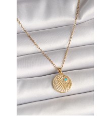 316L Çelik Gold Renk Zincir Zirkon Taş İşlemeli Mavi Taş Detaylı Madalyon Model Kadın Kolye