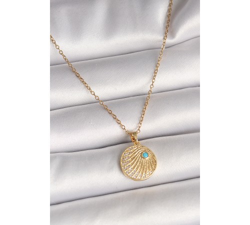 316L Çelik Gold Renk Zincir Zirkon Taş İşlemeli Mavi Taş Detaylı Madalyon Model Kadın Kolye