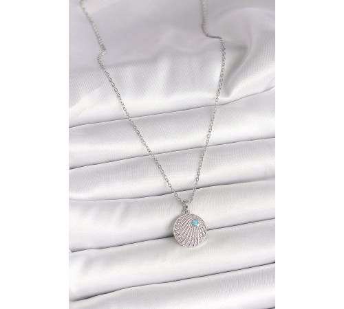 316L Çelik Gümüş Renk Zincir Zirkon Taşlı Mavi Taş Detaylı Madalyon Model Kadın Kolye