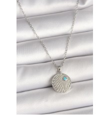 316L Çelik Gümüş Renk Zincir Zirkon Taşlı Mavi Taş Detaylı Madalyon Model Kadın Kolye