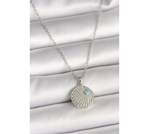 316L Çelik Gümüş Renk Zincir Zirkon Taşlı Mavi Taş Detaylı Madalyon Model Kadın Kolye