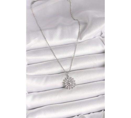 316L Çelik Gümüş Renk Zincir Zirkon Taşlı Güneş Model Kadın Kolye