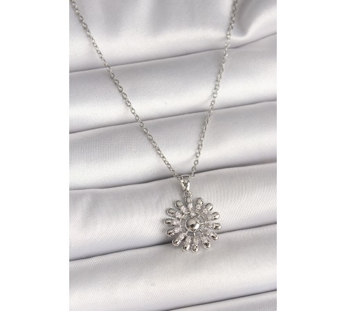 316L Çelik Gümüş Renk Zincir Zirkon Taşlı Güneş Model Kadın Kolye