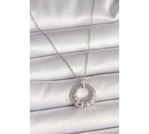 316L Çelik Gümüş Renk Zincir Zirkon Taş İşlemeli Daire Model Kadın Kolye