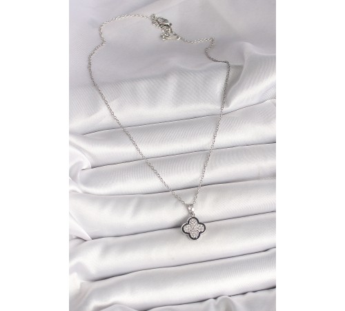 316L Çelik Gümüş Renk Zincir Zirkon Taşlı Yonca Model Kadın Kolye