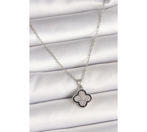 316L Çelik Gümüş Renk Zincir Zirkon Taşlı Yonca Model Kadın Kolye
