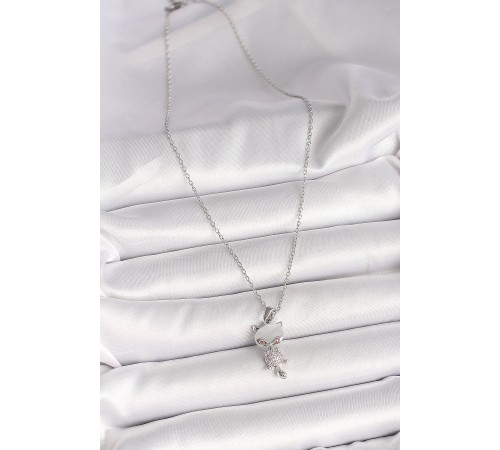 316L Çelik Gümüş Renk Zincir Zirkon Taşlı Kedi Model Kadın Kolye