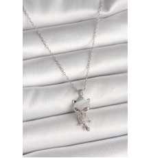 316L Çelik Gümüş Renk Zincir Zirkon Taşlı Kedi Model Kadın Kolye