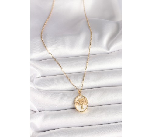 316L Çelik Gold Renk Zincir Zirkon Taş Detaylı Beyaz Mineli Ağaç İşlemeli Portre Model Kadın Kolye