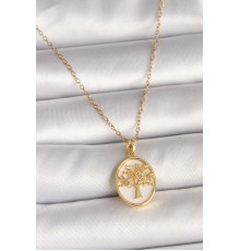 316L Çelik Gold Renk Zincir Zirkon Taş Detaylı Beyaz Mineli Ağaç İşlemeli Portre Model Kadın Kolye