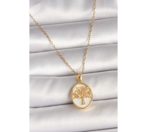 316L Çelik Gold Renk Zincir Zirkon Taş Detaylı Beyaz Mineli Ağaç İşlemeli Portre Model Kadın Kolye