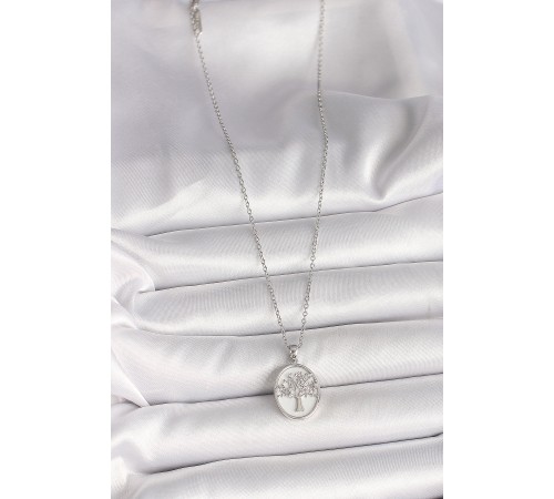 316L Çelik Gümüş Renk Zincir Zirkon Taş İşlemeli Beyaz Mineli Ağaç İşlemeli Portre Model Kadın Kolye