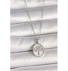 316L Çelik Gümüş Renk Zincir Zirkon Taş İşlemeli Beyaz Mineli Ağaç İşlemeli Portre Model Kadın Kolye