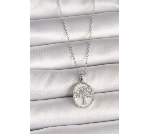 316L Çelik Gümüş Renk Zincir Zirkon Taş İşlemeli Beyaz Mineli Ağaç İşlemeli Portre Model Kadın Kolye