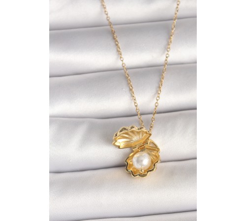 316L Çelik Gold Renk Zincir Açılır İncili Midye Model Kadın Kolye