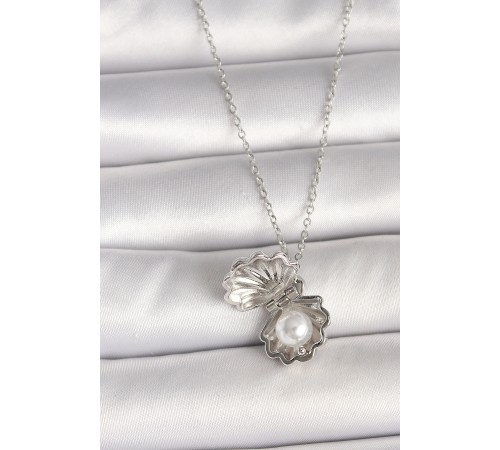 316L Çelik Gümüş Renk Zincir Açılır İncili Midye Model Kadın Kolye