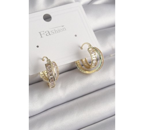 Pirinç Gold Renk Zirkon Taşlı Halka Model Kadın Küpe