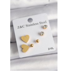 316L Çelik Gold Renk Zirkon Taşlı Kalpli Kadın Küpe Seti