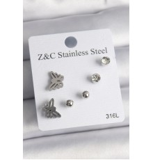 316L Çelik Gümüş Renk Zirkon Taşlı Kelebek Model Kadın Küpe Seti