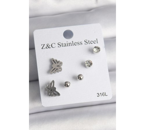 316L Çelik Gümüş Renk Zirkon Taşlı Kelebek Model Kadın Küpe Seti