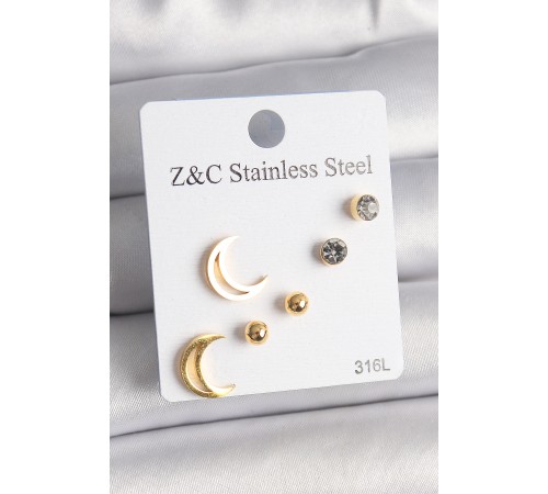 316L Çelik Gold Renk Zirkon Taşlı Hilal Model Kadın Küpe Seti