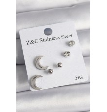 316L Çelik Gümüş Renk Zirkon Taşlı Hilal Model Kadın Küpe Seti