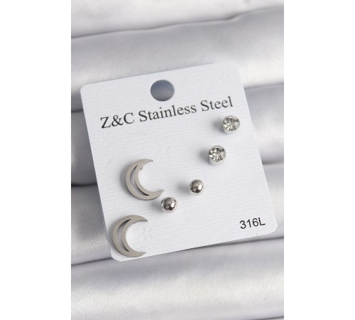 316L Çelik Gümüş Renk Zirkon Taşlı Hilal Model Kadın Küpe Seti