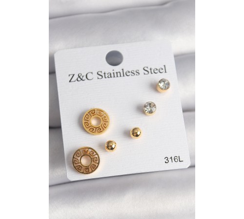 316L Çelik Gold Renk Zirkon Taşı Labirent Model Kadın Küpe Seti