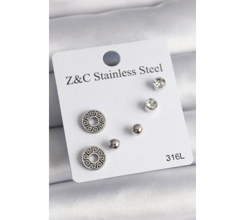 316L Çelik Gümüş Renk Zirkon Taşlı Labirent Model Kadın Küpe Seti