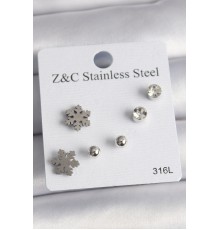 316L Çelik Gümüş Renk Zirkon Taşlı Kar Tanesi Model Kadın Küpe Seti