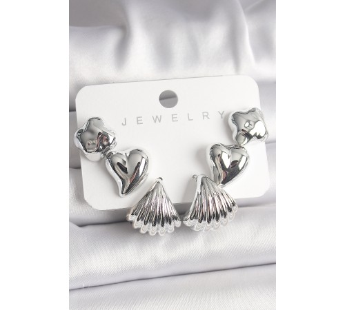 Gümüş Renk Yonca Kalp Deniz Kabuğu Figür CCB Kadın Küpe Seti