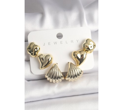 Gold Renk Yonca Kalp Deniz Kabuğu Figür CCB Kadın Küpe Seti