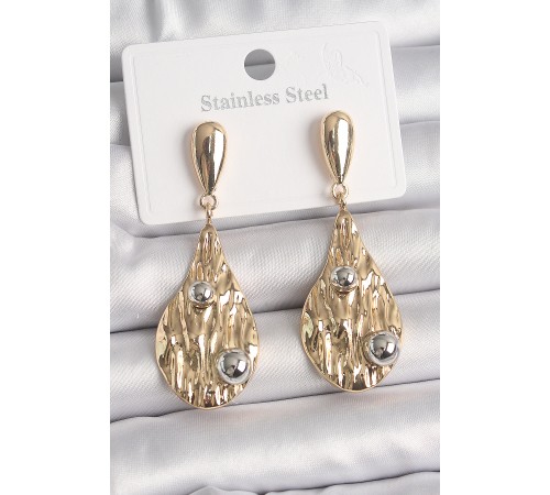 Pirinç Gold Renk Sallantı Damla Model Gümüş Top Detay Kadın Küpe