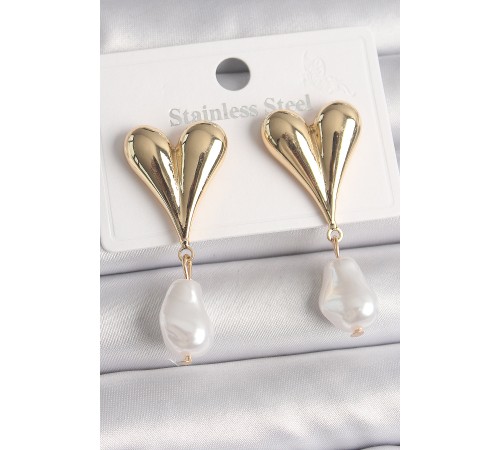 Pirinç Gold Renk Kalp Model Sallantı İnci Damla Model Kadın Küpe