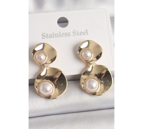 Pirinç Gold Renk Sallantı İnci Detaylı Daire Plaka Model Kadın Küpe