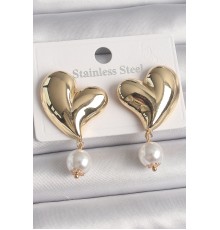 Pirinç Gold Renk Kalp Model Sallantı İnci Detay Kadın Küpe