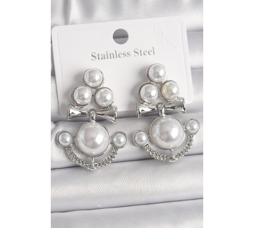 Pirinç Gümüş Renk Sallantı İncili Çapa Model Kadın Küpe