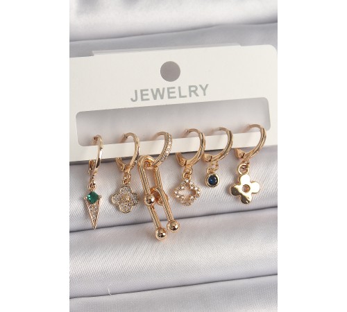 Pirinç Gold Renk Çoklu Figür Kadın Küpe Seti