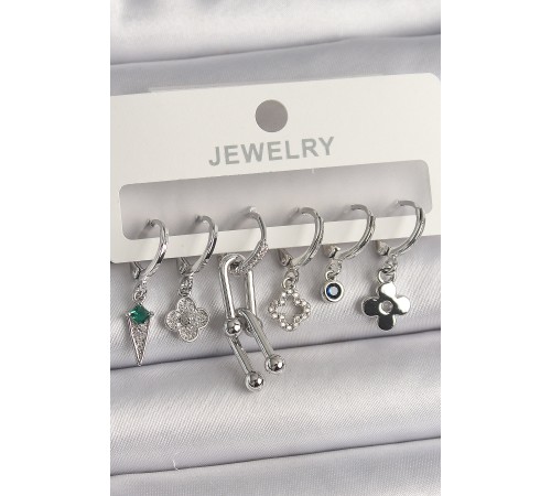 Pirinç Gümüş Renk Zirkon Taşlı Çoklu Figür Kadın Küpe Seti