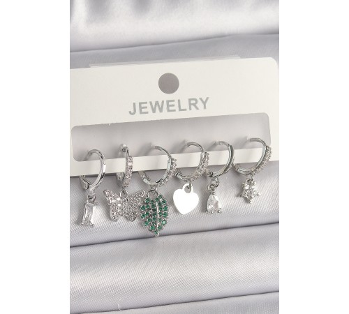 Pirinç Gümüş Renk Zirkon Taşlı Çoklu Figür Kadın Küpe Seti