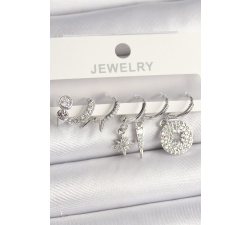 Pirinç Gümüş Renk Zirkon Taşlı Çoklu Figür Kadın Küpe Seti