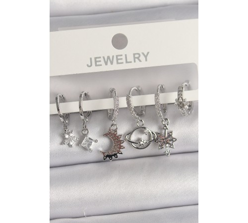 Pirinç Gümüş Renk Zirkon Taşlı Gezgen Model Kadın Küpe Seti