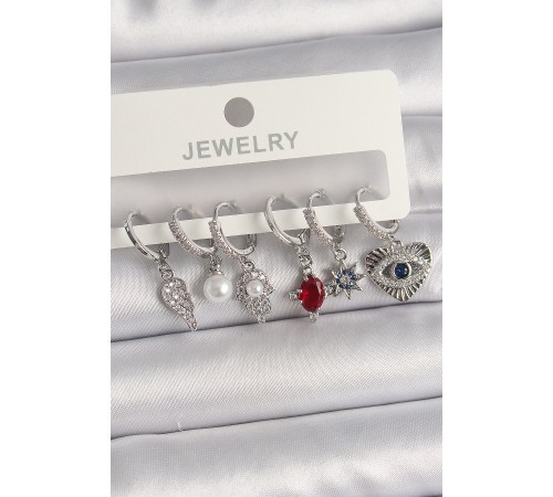 Pirinç Gümüş Renk Sallantı Zirkon Taşlı Fatma Ana El Figür Kadın Küpe Seti