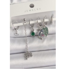 Pirinç Gümüş Renk Sallantı Zirkon Taşlı Ağaç Figür Çoklu Kadın Küpe Seti