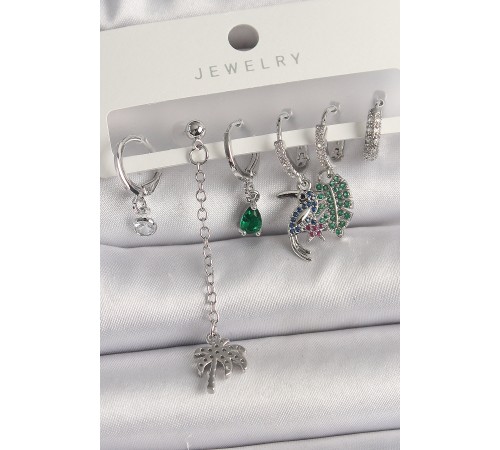 Pirinç Gümüş Renk Sallantı Zirkon Taşlı Ağaç Figür Çoklu Kadın Küpe Seti