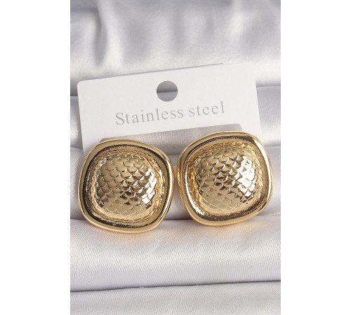 Pirinç Gold Renk İşlemeli Kare Model Kadın Küpe